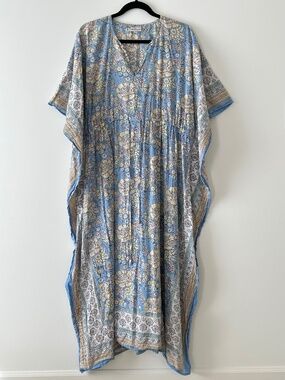 Anokhi 100% Cotton Blue Floral Kaftan Maxi Dress
